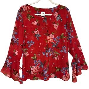 Cabi Women's Floral Chiffon Blouse Red Bell Sleeve Keyhole Neck Top‎ Size Large